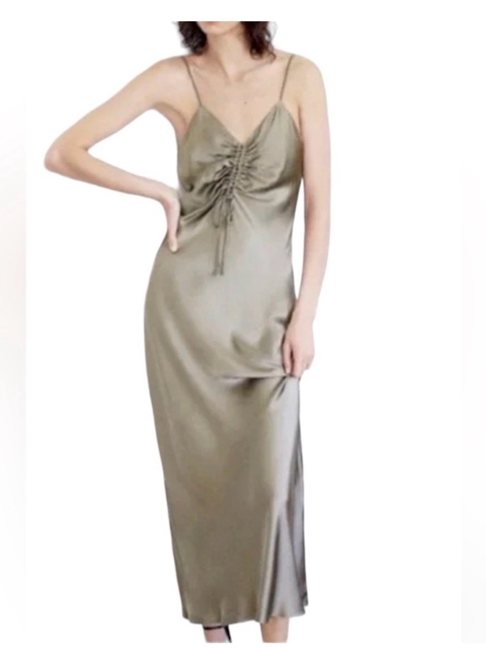 Steel gray satin Ruched front  Slip Dress with Spaghetti Straps